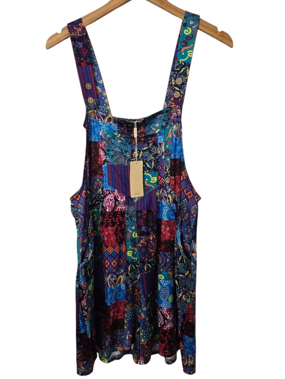 EKOUAER Patchwork Boho Overall Dress Multicolor Pinafore NWT Size M - Picture 2 of 9
